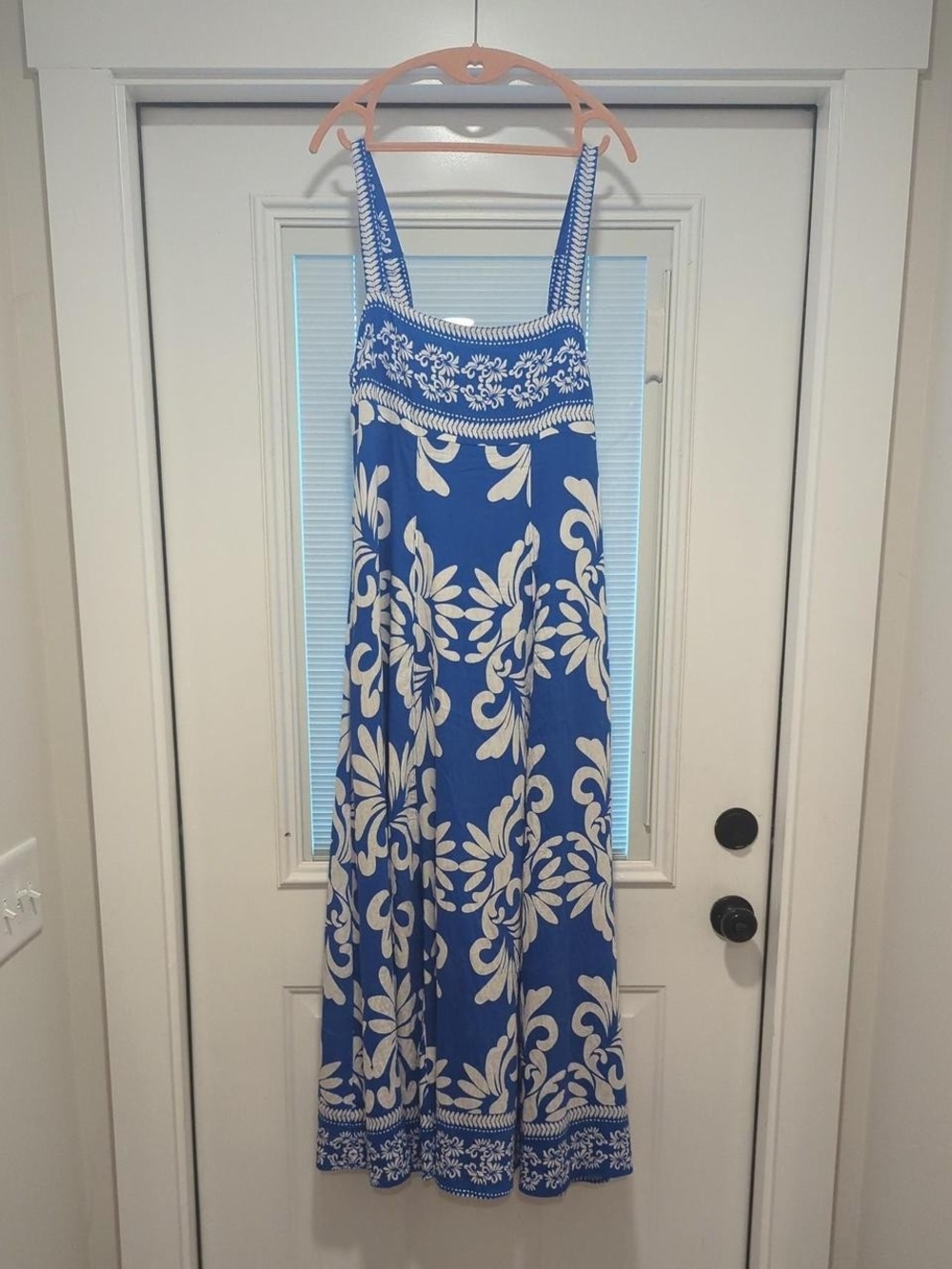 Blue and White Floral Maxi Dress with Spaghetti Straps